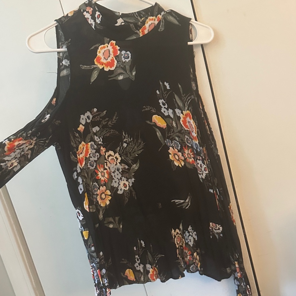 Abound Black Cold-Shoulder Floral Blouse with Orange and Yellow Blooms